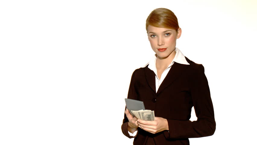Beautiful young businesswoman is counting money 