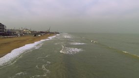 Seaside. Caspian Sea. Storm. Russia. Makhachkala. The Republic of Dagestan. Aerial video.
