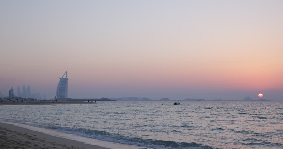 Beautiful Horizon Sunset Dubai Burj Al Arab Beachfront Jumeirah Exotic Beach UAE Sunrise ( Ultra High Definition, Ultra HD, UHD, 4K, 2160P, 4096x2160 )