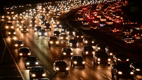 Evening Rush Hour Traffic on Busy Freeway in Los Angeles 