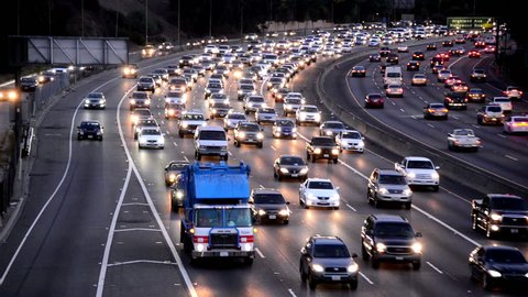 Evening Rush Hour Traffic on Busy Freeway in Los Angeles 