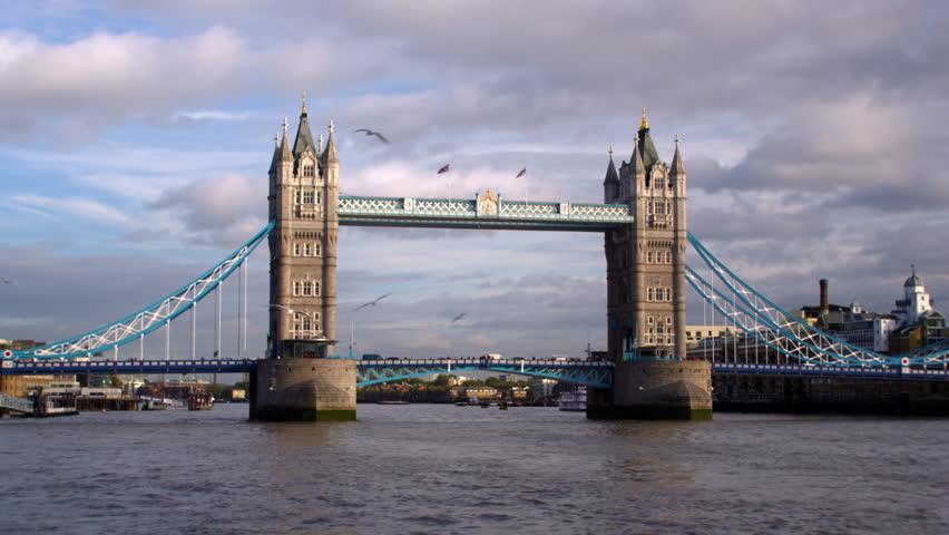 Birds fly over water in front of Tower Bridge in London, England