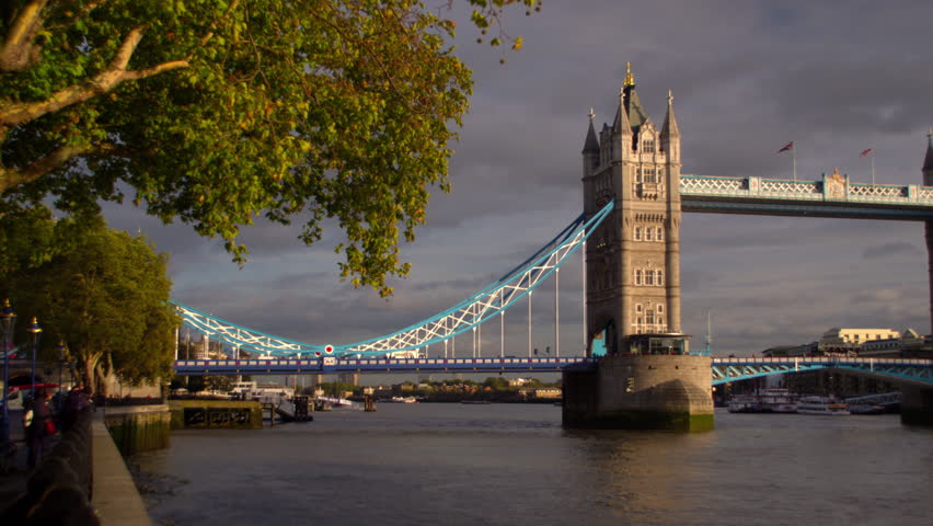 Slow panning view of Tower Bridge in London, England