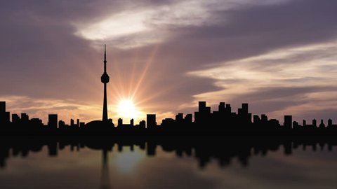 Sunset timelapse with a silhouette of downtown Toronto reflecting in the water
