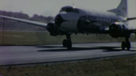 LANCASTER, PENNSYLVANIA, JUNE 1958: An old Eastern Airlines airplane prepares for take off at the airport in Pennsylvania in 1958.