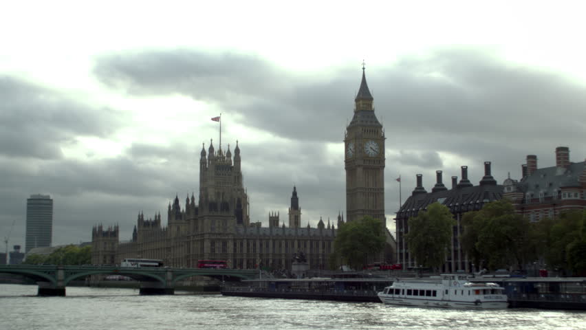LONDON, UK - OCTOBER 11, 2011: Lots of birds over Thames river with Big Ben in