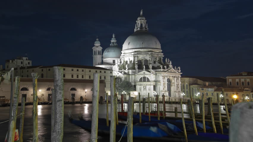 Time lapse at night of Santa Maria della Salute from Saint Mark's Square