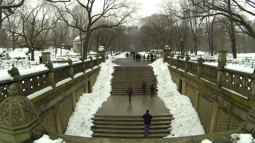 Steps and walkway near Bethesda Fountain Central Park. Looking down at steps.