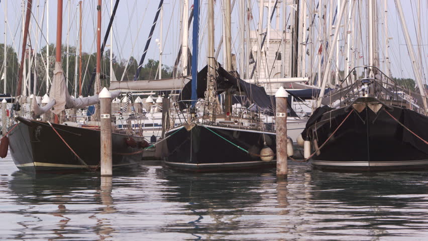 Static shot of the bow of some sailboats docked in the marina bobbing on gentile