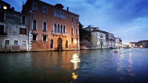 Tracking shot of the Grand Canal at dusk