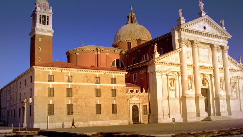Slow motion tracking shot of the front of the Church of San Giorgio Maggiore