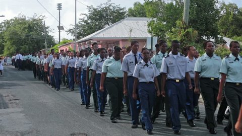 FREDERIKSTED, ST CROIX - JAN 2014: St Croix Martin Luther King Parade ROTC 2. Annual Martin Luther King, MLK freedom parade through Frederiksted urban town. Students in ROTC uniforms show patriotism.