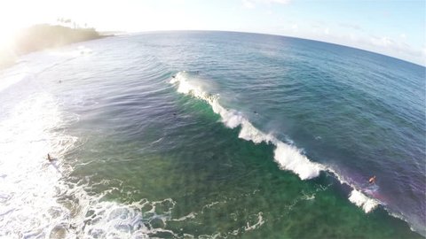 Gliding Aerial Drone Captures Wave Breaking Alongside Beautiful Pristine Beach in Kauai Hawaii While Surfers Paddle Out HD 1080 Video