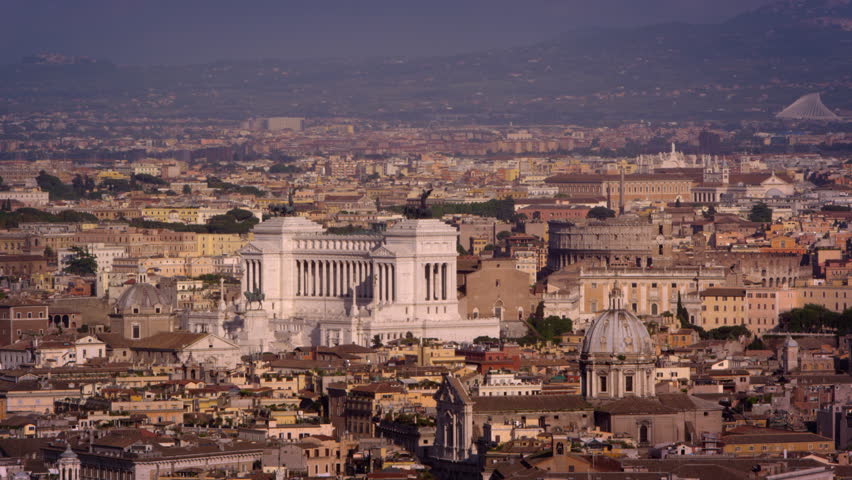 Aerial footage of Altare della Patria and rooftops of Rome