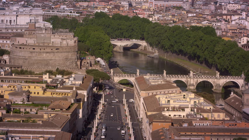 Aerial footage of Tiber, Castel and Ponte Sant Angelo