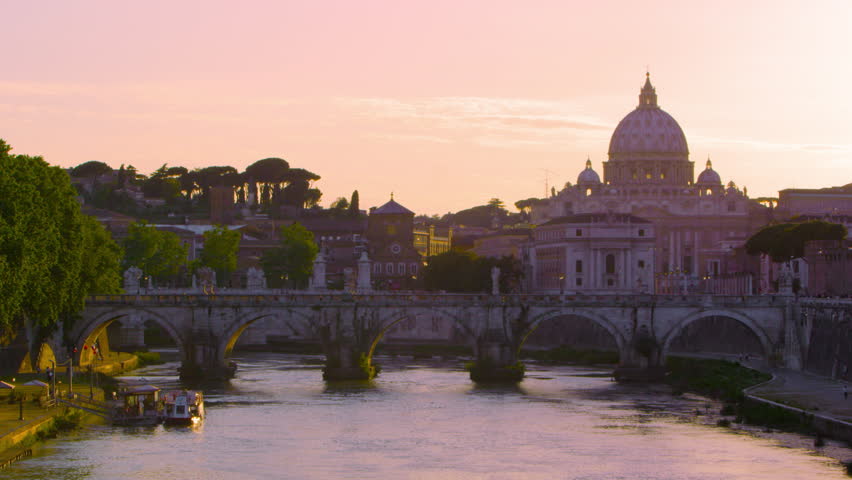 Still footage of the dome of St Peter's Basilica from a bridge on the Tiber