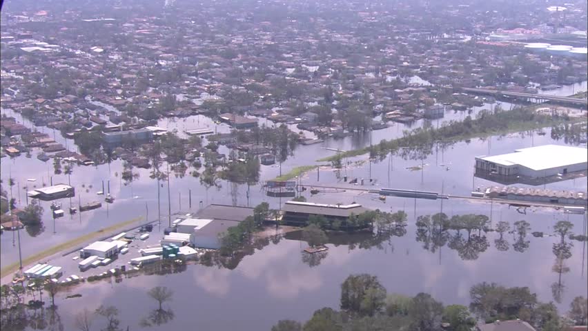 Flood City Street Helicopter. Lagre scale view of flooded New Orleans city streets.