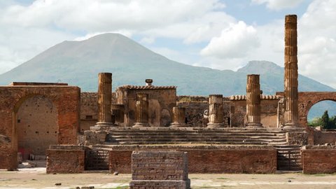 Timelapse of the ruins of Pompei with volcano Vesuvius at back, Italy