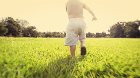 Cute baby boy running in grass field` Stock Video