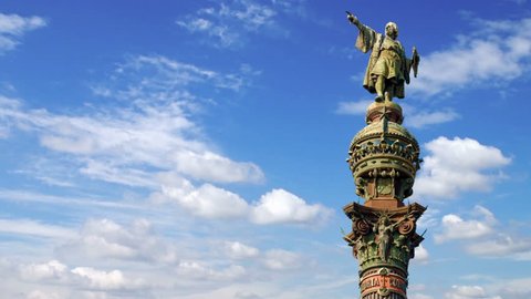 Timelapse of the Christopher Columbus monument pointing towards America in Barcelona, Spain