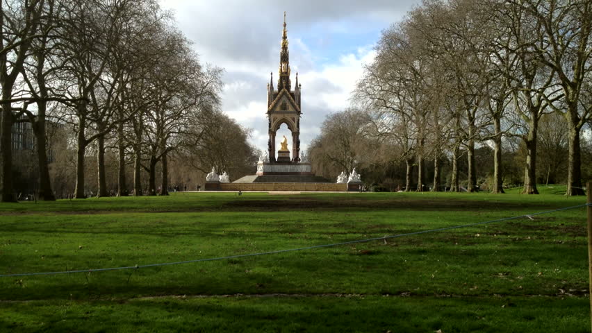 The Albert Memorial in Kensington Gardens, London, England, directly north of the Royal Albert Hall. It was commissioned by Queen Victoria in memory of her beloved husband, Prince Albert.