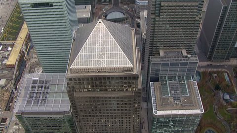Aerial view directly above the distinctive towers of London's financial district