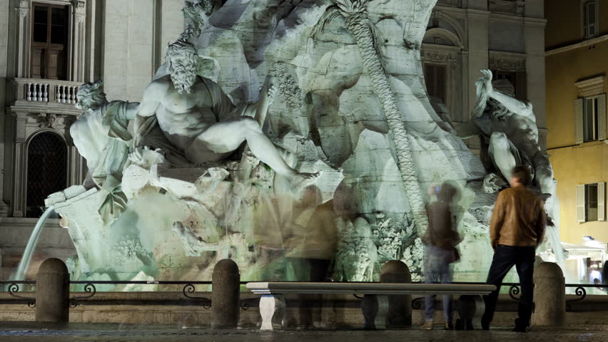 ROME - CIRCA MAY 2012: Night time time-lapse of the Fontana dei Quattro Fiumi in