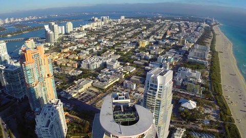 Backwards flight of Miami Beach aerial video footage