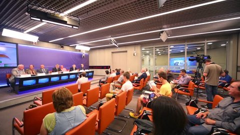 MOSCOW, RUSSIA - JUL 24, 2012: Journalists at Press Conference on International Summer Tennis Championships Moscow Open in Press Center RIA Novosti.