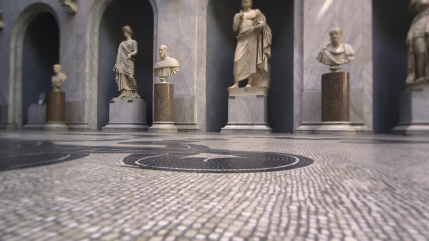 ROME, ITALY - MAY 5, 2012: Slow pan of statues, busts, and floor of New Wing