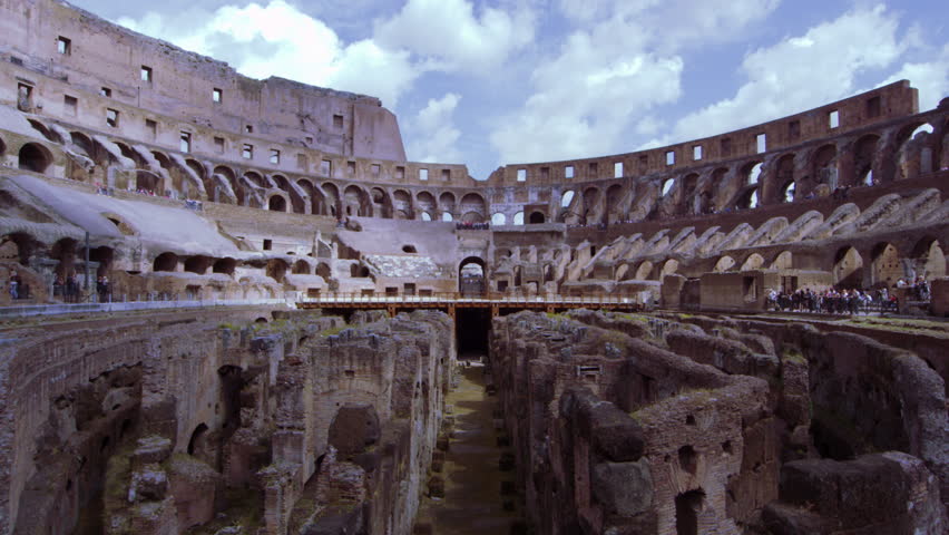 ROME, ITALY - MAY 6, 2012: Sky and stadium seats of the Colosseum from the arena