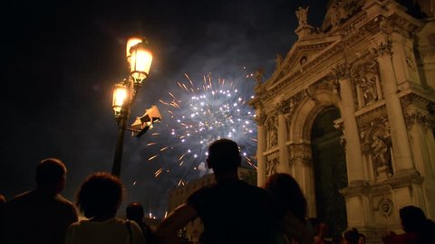 Fireworks near Basilica of Santa Maria della Salute in Venice during the celebrations of Redentore on July 20, 2013 in Venice (Italy)