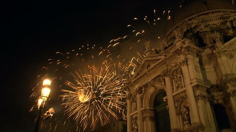 Fireworks near Basilica of Santa Maria della Salute in Venice during the celebrations of Redentore on July 20, 2013 in Venice (Italy)