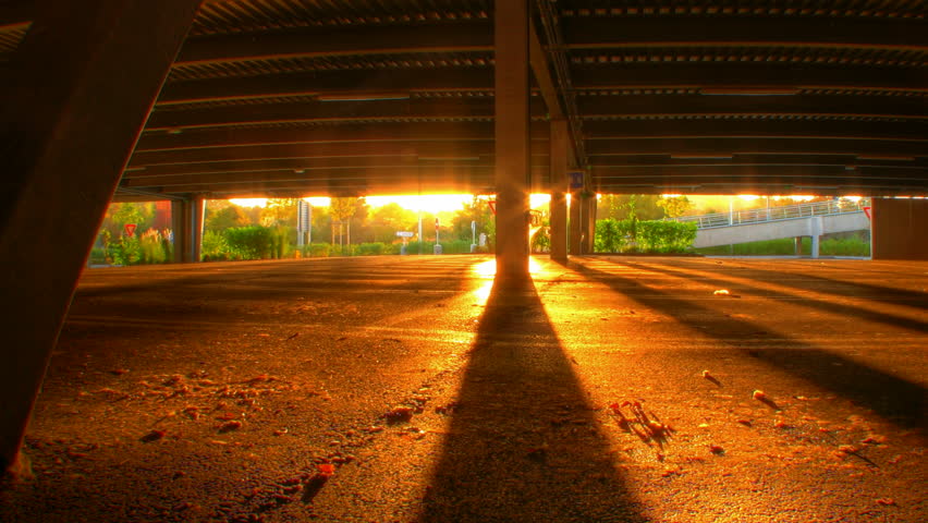 Underground parking sunset lights, HD motion time lapse clip, high dynamic range