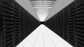 Slowly zooming trough server room. 3D computer generated animation.