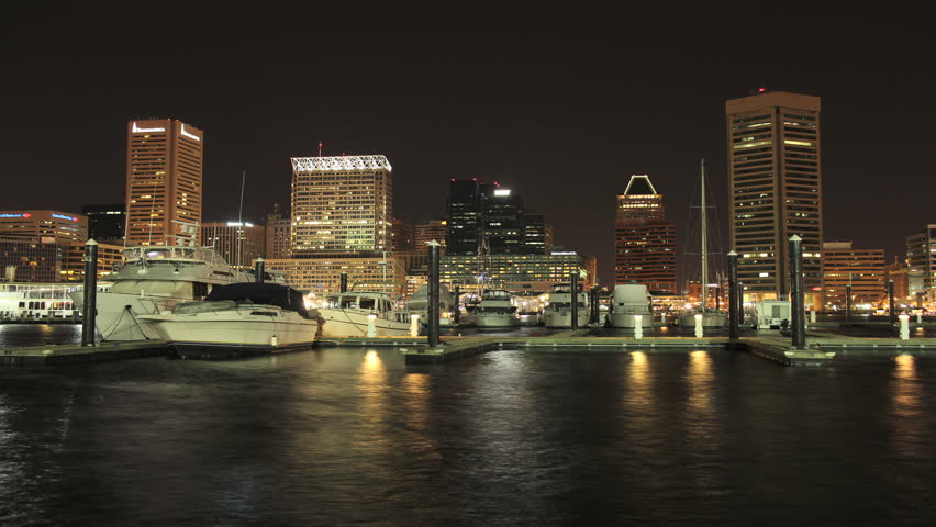 Baltimore, Maryland - March, 2012 - 4k resolution time lapse of Inner Harbor and downtown buildings including Legg Mason, 100 East Pratt Street, Commerce Place, Baltimore World Trade Center.