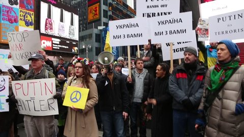 NEW YORK CITY - MARCH 2 2014: EuroMaidan, a pro-west Ukrainian organization, protested against Russian intervention with a march to the Russian consulate. Rally in Times Square