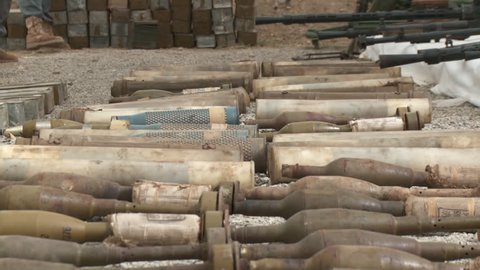 Rows of Old RPG's (Rocket Propelled Grenades) Confiscated from the Taliban