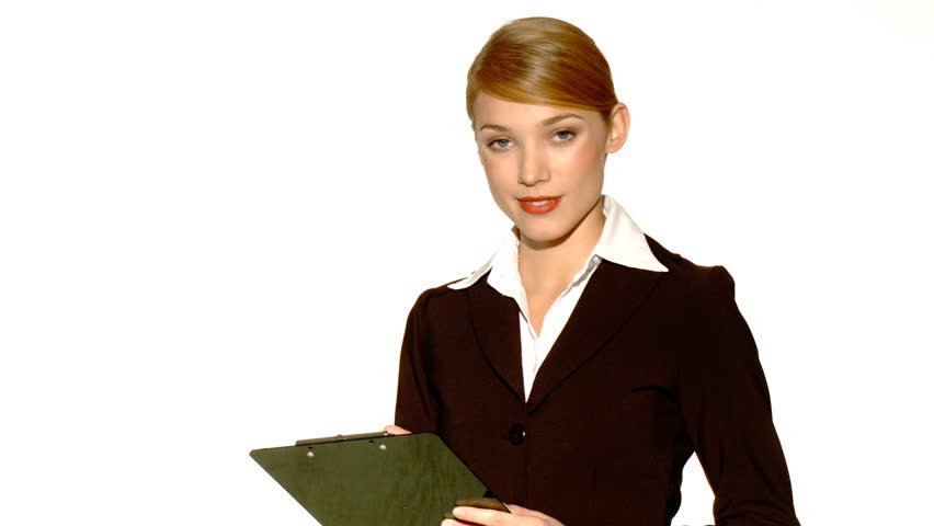 Beautiful young blond businesswoman with clipboard 