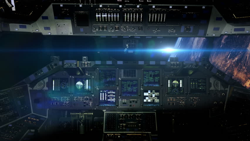 Cockpit Space Shuttle Earth Sunrise with Space Station