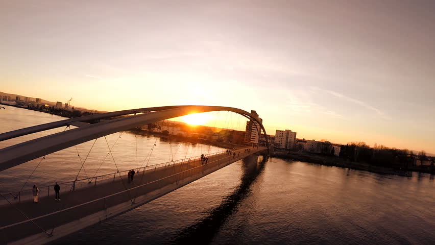 amazing bridge panorama view. aerial fly over. sunset dusk sky. magic hour. 1920x1080