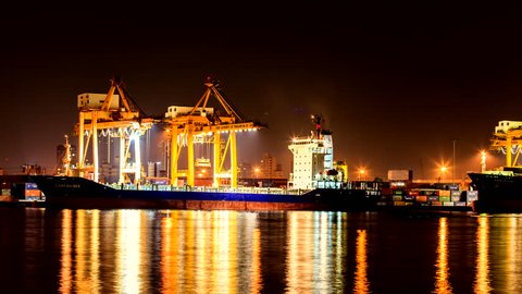 4K: Timelapse Cargo ship loading goods at shipping port, High quality, Ultra HD, 4096x2304.