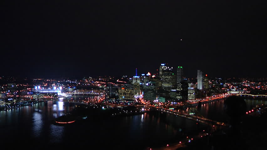 The Pittsburgh skyline at night during Light Up Night 2009.