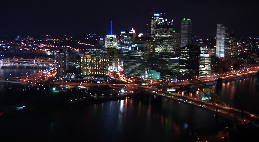The Pittsburgh skyline at night during Light Up Night 2009. Widescreen DV.
