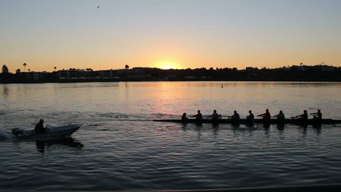 Rowing Team Practice on the Water During Sunrise (UCLA Crew)