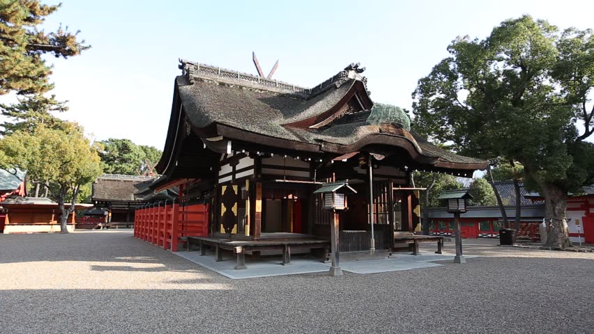 Praying hall in Sumiyoshi Taisha (Sumiyoshi Grand Shrine), Osaka, Japan. This shrine is one of the oldest shrines in Japan. Founded in the 3rd century before the introduction of Buddhism.