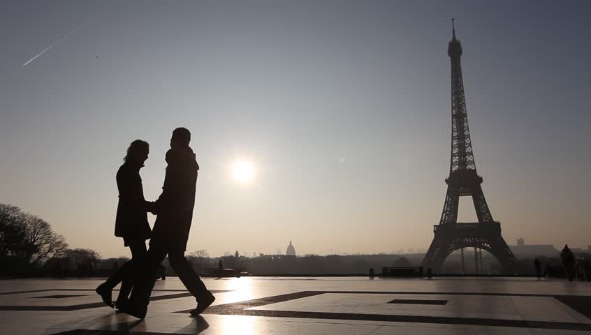 Silhouettes of romantic loving couple near Eiffel Tower, Paris, France | Shutterstock HD Video #5894888
