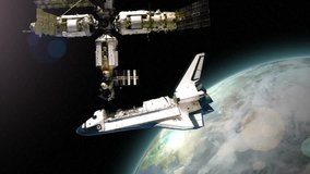 The space shuttle approaches a space station in orbit.  Composited imagery courtesy of NASA. 
