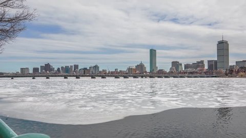 Charles River Wide Angle Time-lapse View of Boston and Charles River. Winter, Springtime, Melting Ice with Ducks