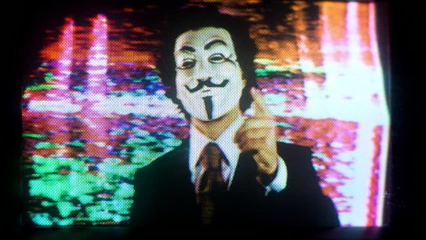 a man with an anonymous v for vendetta mask with intentional broken tv and video static
